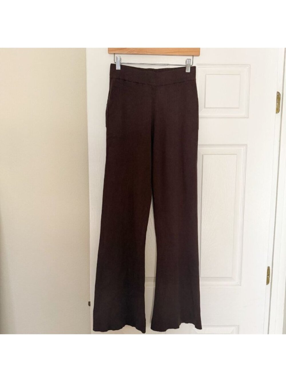 Veiled New York Rib Knit Wide Leg Pants Brown Pull On XS Pockets Soft